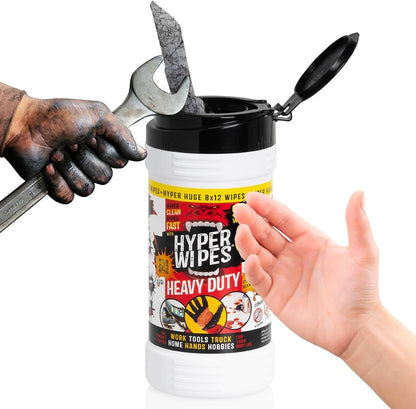 Hyper Wipes, 1 Pack Heavy Duty Hand & Tool Cleaning Wipes, 7"x12" Size Multi-Surface Cleaning Wipes, Degreasing, All Purpose Cleaner, Bathroom, Mechanic, Work Surface Wipes, 35 Count Canister