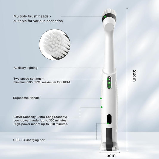 Electric Spin Scrubber, Rechargeable Waterproof Grout Cleaning Brush with 5 Magnetic Heads for Tile Surfaces, Bathroom Crevices, Kitchen & Faucet Corners