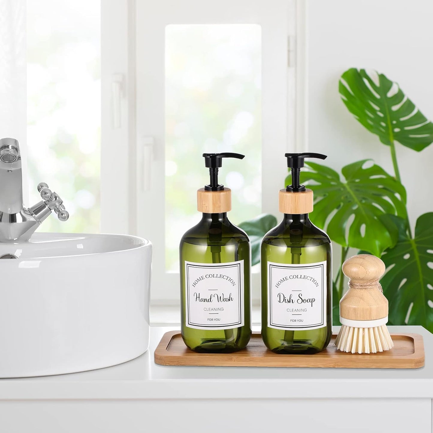 Zopeal 4 Pcs 16 oz Kitchen Soap Dispenser Set with Bamboo Tray and Dish Brush Plastic Soap Dispenser Set with Waterproof Labels for Hand Dish Lotion(Frosted Black)