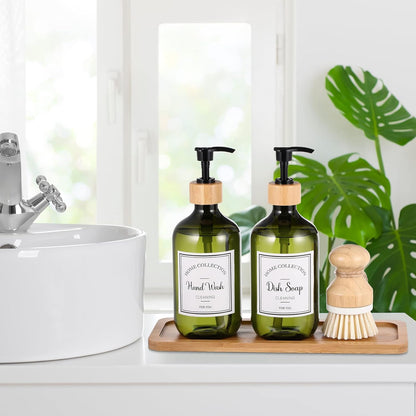 Zopeal 4 Pcs 16 oz Kitchen Soap Dispenser Set with Bamboo Tray and Dish Brush Plastic Soap Dispenser Set with Waterproof Labels for Hand Dish Lotion(Frosted Black)