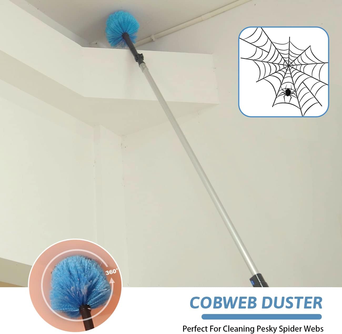 20 Foot Cobweb Duster with Extension Pole 2 PCS, Webster Cobweb Duster for High Ceilings/Corners, Spider Web Brush with Pole for Outdoor & Indoor Web Cleaning, Outdoor Cobweb Brush Kit by MAYKI