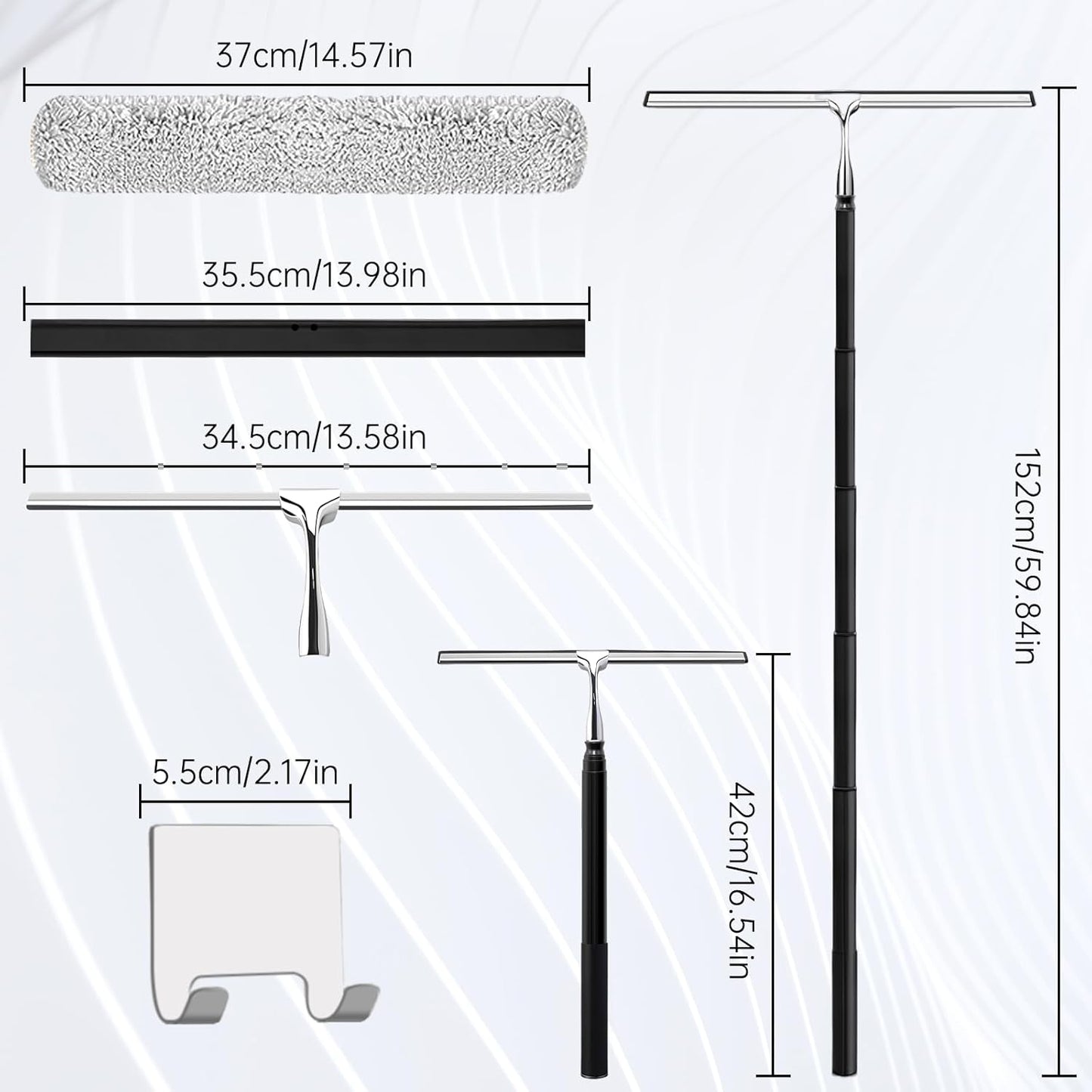 Squeegee for Shower Glass,Shower Squeegee for Glass Doors,Telescopic Window Squeegee for High Windows,Includes Towel Sleeves,Replacement Silicone Blade&Hooks,2 in 1 Queegee for Window Cleaning Kit