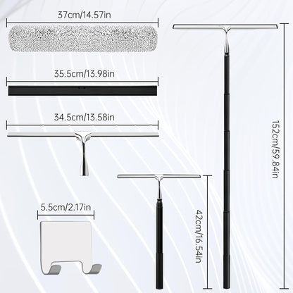 Squeegee for Shower Glass,Shower Squeegee for Glass Doors,Telescopic Window Squeegee for High Windows,Includes Towel Sleeves,Replacement Silicone Blade&Hooks,2 in 1 Queegee for Window Cleaning Kit