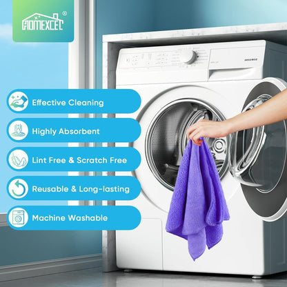 HOMEXCEL Microfiber Cleaning Cloth 210GSM, Pack of 12, Size:11.5" x 11.5", Ultra-Soft, High-Density Non-Abrasive Cleaning Towels for Cars, Glass, Kitchen, Reusable Rags, Blue/Green/Yellow/Pink