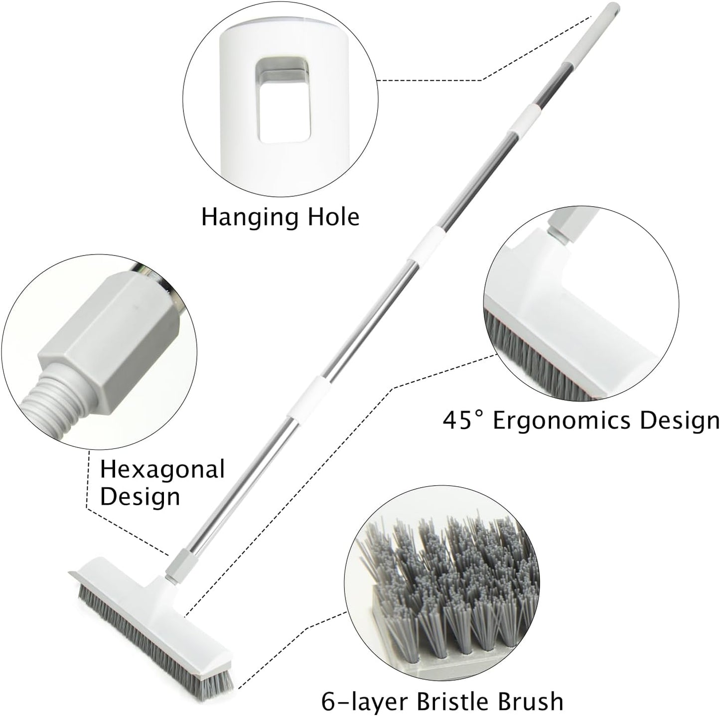 Floor Scrub Brush and V-Shape Grout Brush with Long Handle 3 in 1 Replaceable Head Scrape Brush Stiff Bristle with Swivel Head for Cleaning Tiles Hardwood Floors Patios Blue