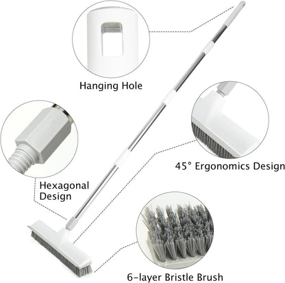 Floor Scrub Brush and V-Shape Grout Brush with Long Handle 3 in 1 Replaceable Head Scrape Brush Stiff Bristle with Swivel Head for Cleaning Tiles Hardwood Floors Patios Blue