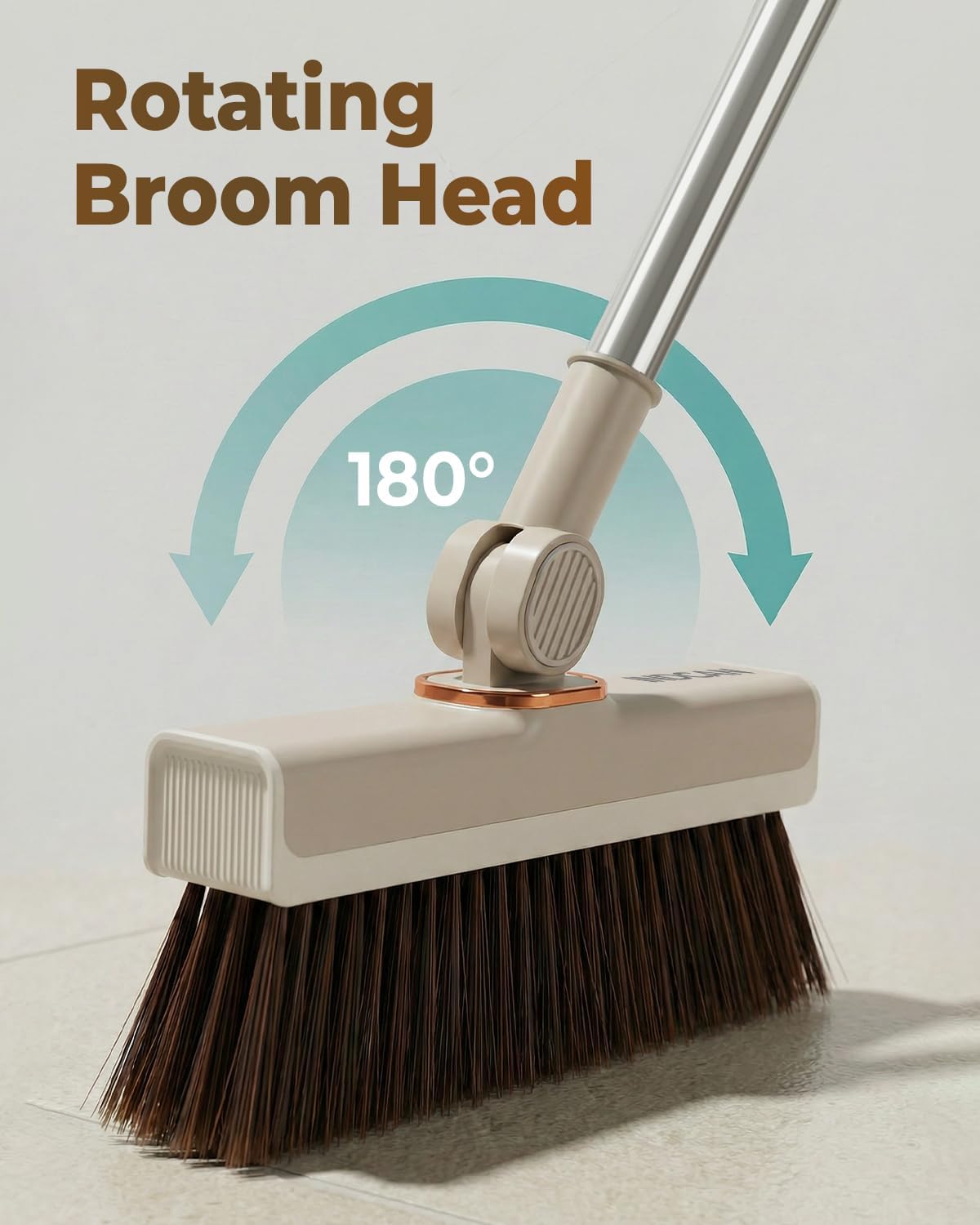INDCAN Broom and Dustpan Set for Home, 54 Inch Long Handle Upright Broom, Rotatable Broom Head with Magnetic Mount & Self-Cleaning Teeth Comb, Indoor Floor Sweeping Set (Santra Pro) - Sandstone Beige