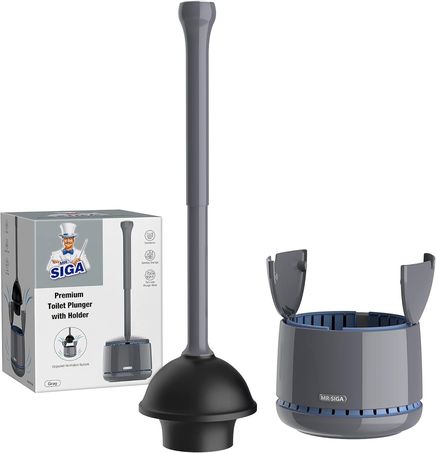 MR.SIGA Toilet Plunger with Holder, Heavy Duty Toilet Plunger and Holder Combo for Bathroom Cleaning, Black