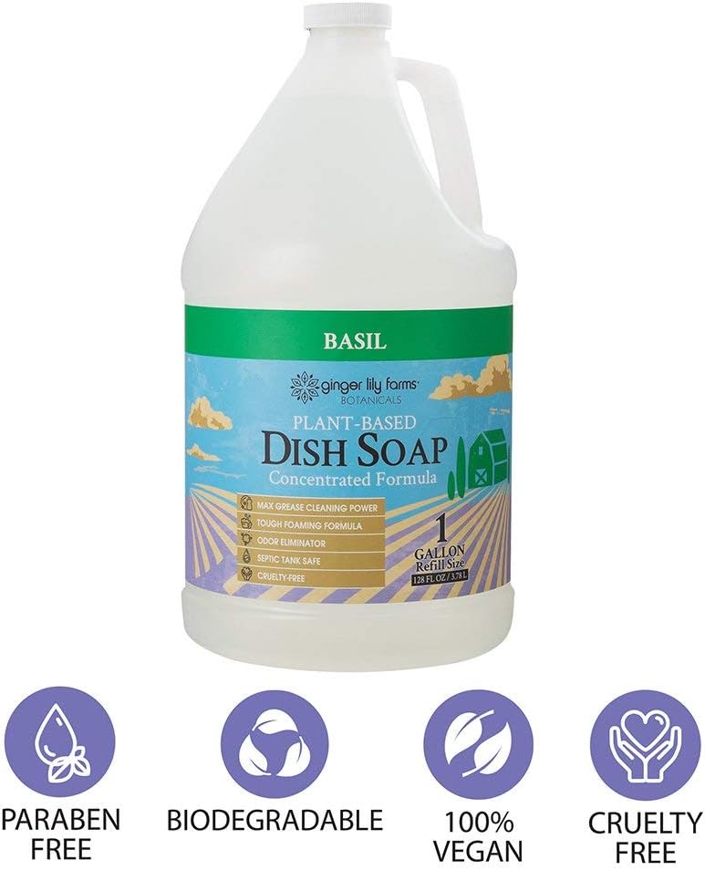 Ginger Lily Farms Botanicals Plant-Based Liquid Dish Soap, Concentrated Formula with Max Grease Cleaning Power, Cruelty-Free, Fragrance-Free, 1 Gallon Refill (128 Fl. Oz.), Clear