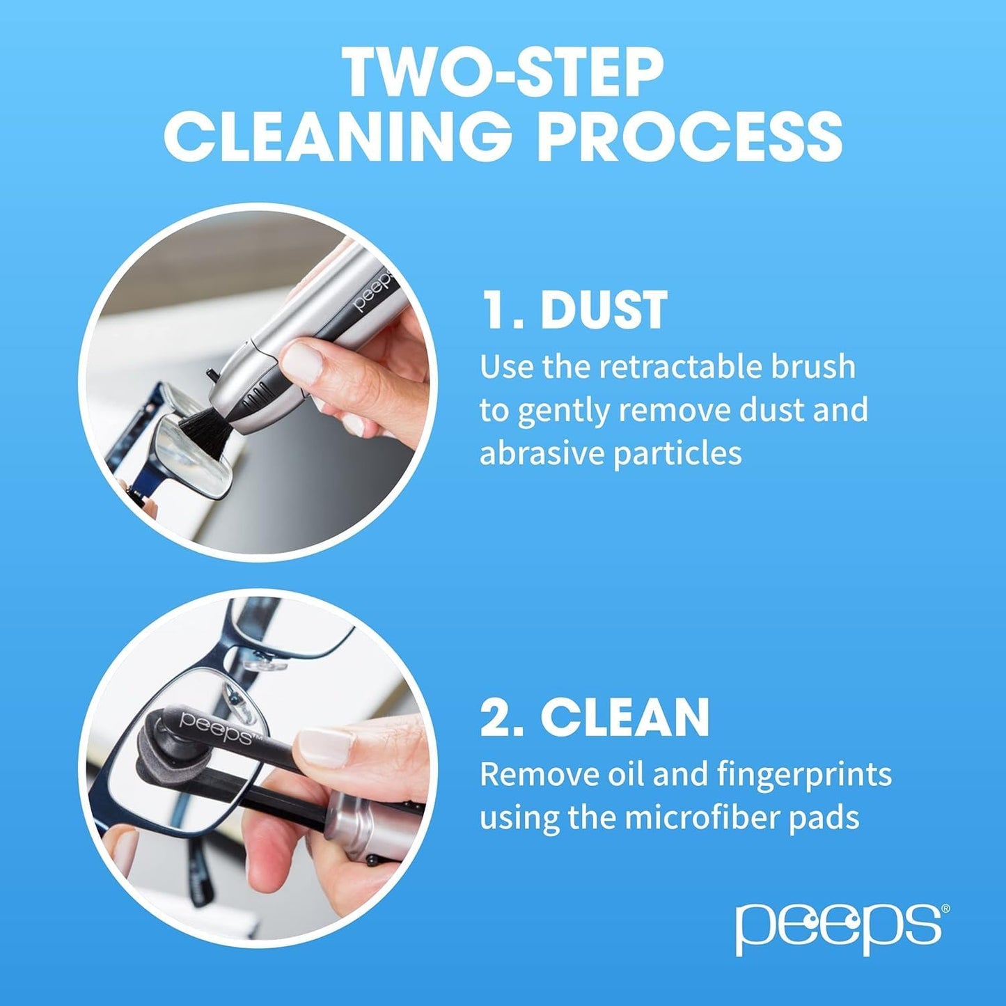 Peeps Glasses Cleaner - for Eyeglasses, Reading Glasses, and More - Lens Cleaner with Carbon Microfiber Tech-Injected Blue-1 Count (Pack of 1)
