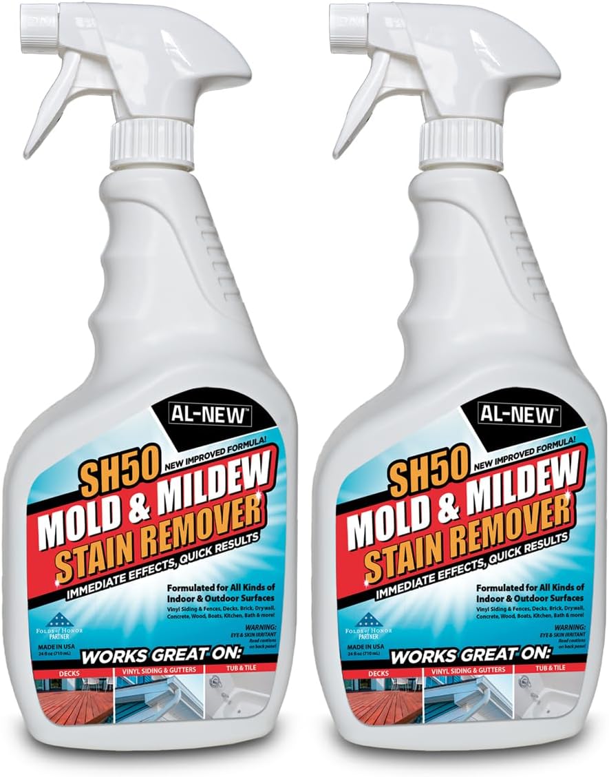 AL-NEW SH50 Mold and Mildew Stain Remover | Scrub Free Formula | Works Great on Decks, Vinyl Siding & Gutters, Tub and Tile - 24oz (2 Pack)