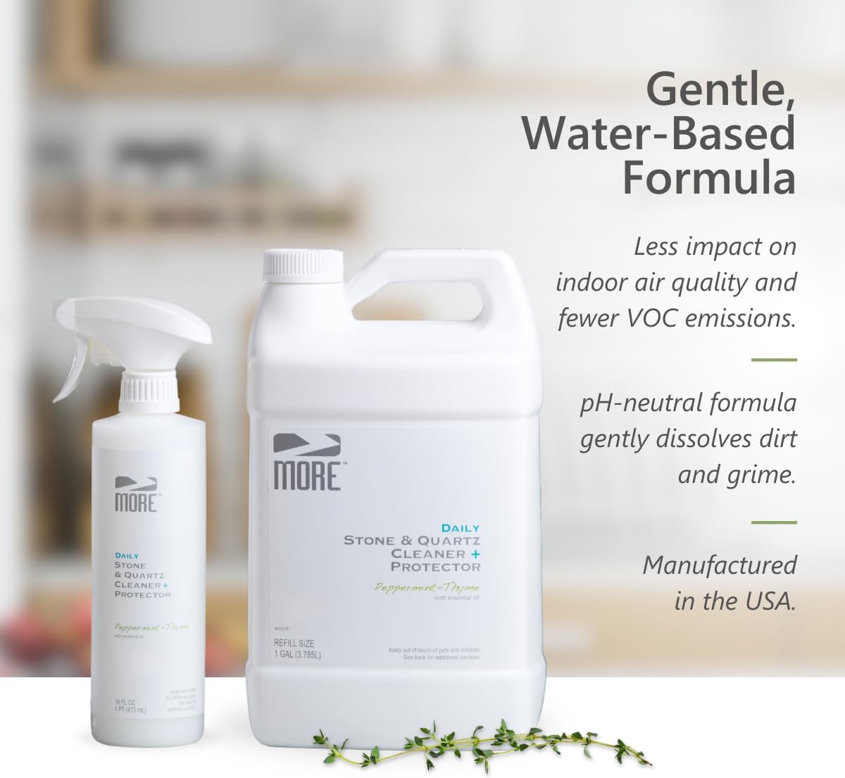 MORE Stone & Quartz Cleaner + Protector - Water-Based Surface Spray - Granite, Quartz & Marble Cleaner - For Kitchen & Bathroom Countertops & Floors - Peppermint-Thyme Essential Oil - Pint (16oz)