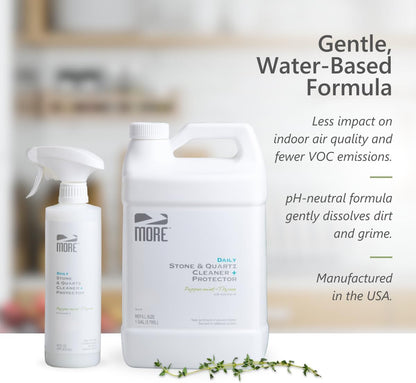 MORE Stone & Quartz Cleaner + Protector - Water-Based Surface Spray - Granite, Quartz & Marble Cleaner - For Kitchen & Bathroom Countertops & Floors - Peppermint-Thyme Essential Oil - Pint (16oz)