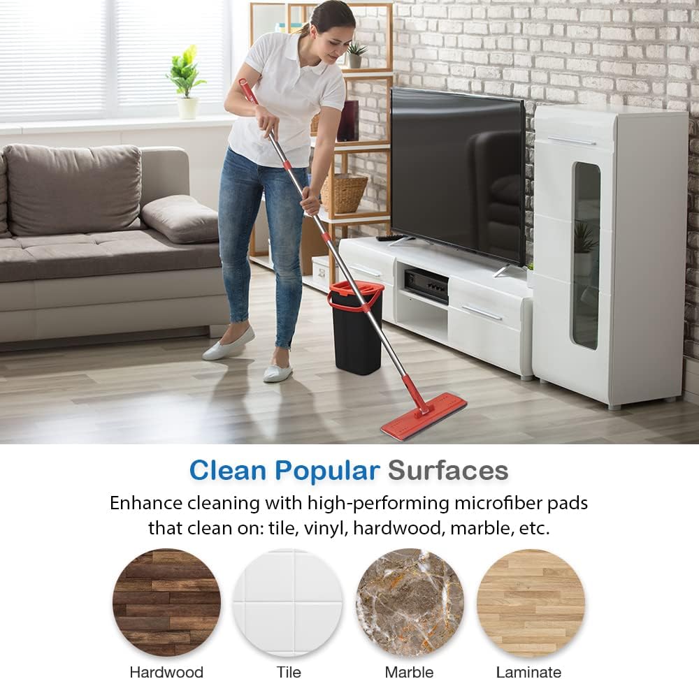 Tethys Flat Floor Mop and Bucket Set for Professional Home Floor Cleaning System with Aluminum Handle/2-Washable Microfiber Pads Perfect Home + Kitchen Cleaner for Hardwood, Laminate, Tiles, Vinyl