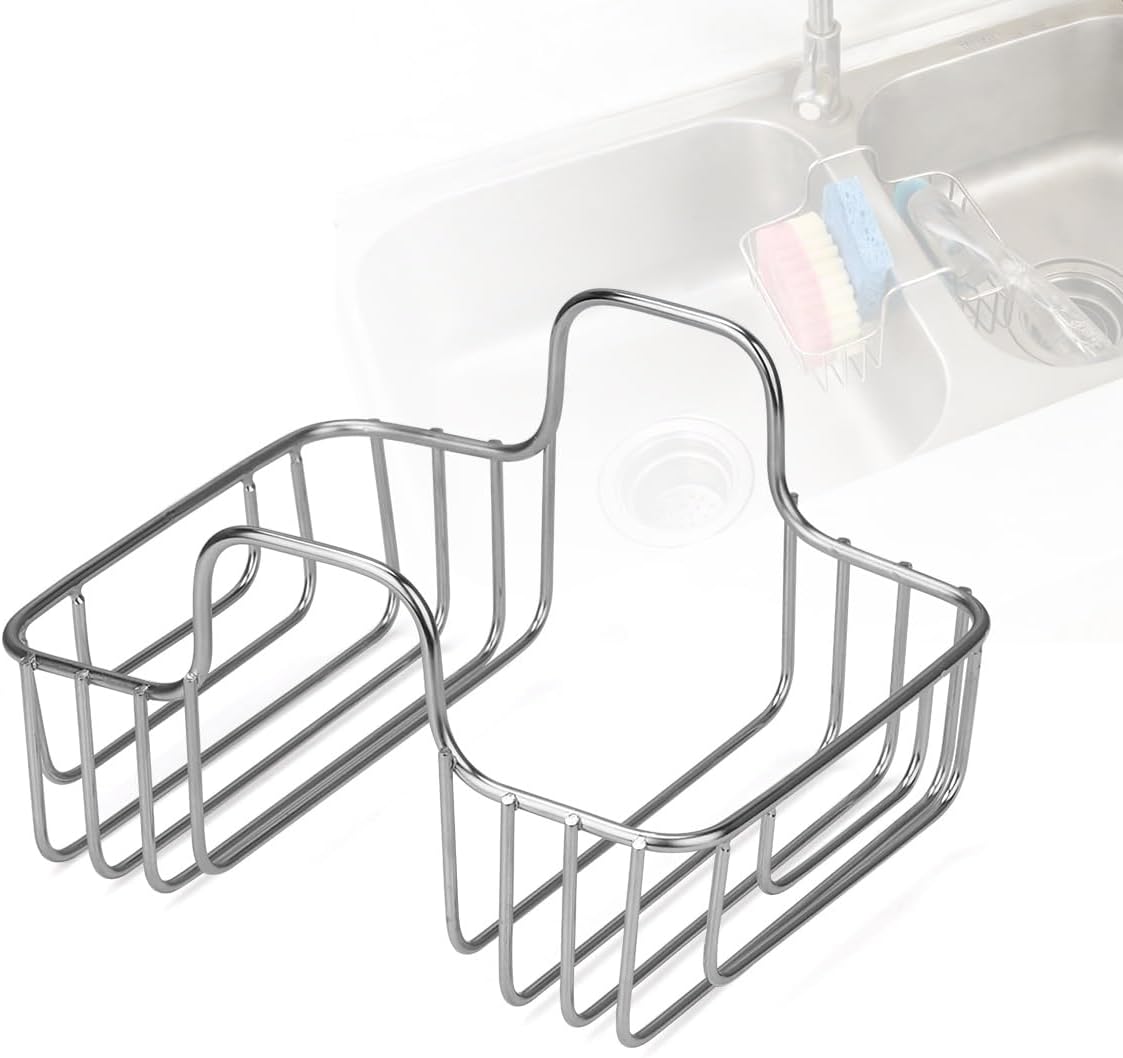LANMU Stainless Steel Sponge Holder for Kitchen Sink, Movable Sink Caddy Hanging Sponge for Double Bowl Sink, Rustproof Organizer for Brush, Scrubber Storage, Fits 2-inch Width Sink Divider
