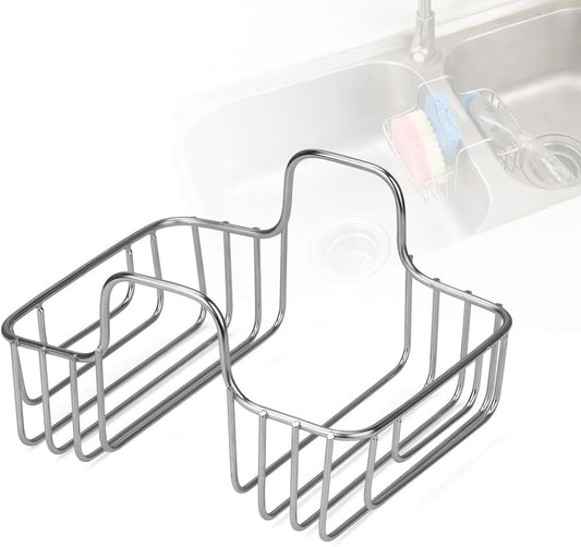 LANMU Stainless Steel Sponge Holder for Kitchen Sink, Movable Sink Caddy Hanging Sponge for Double Bowl Sink, Rustproof Organizer for Brush, Scrubber Storage, Fits 2-inch Width Sink Divider