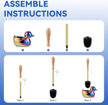 Duck Toilet Brush and Holder Set - Ceramic Bathroom Toilet Scrubber Brush Organizer with Wooden & Stainless SteelHandle, Gold Toilet Brush & Cute Duck Design for Bath Decor Storage