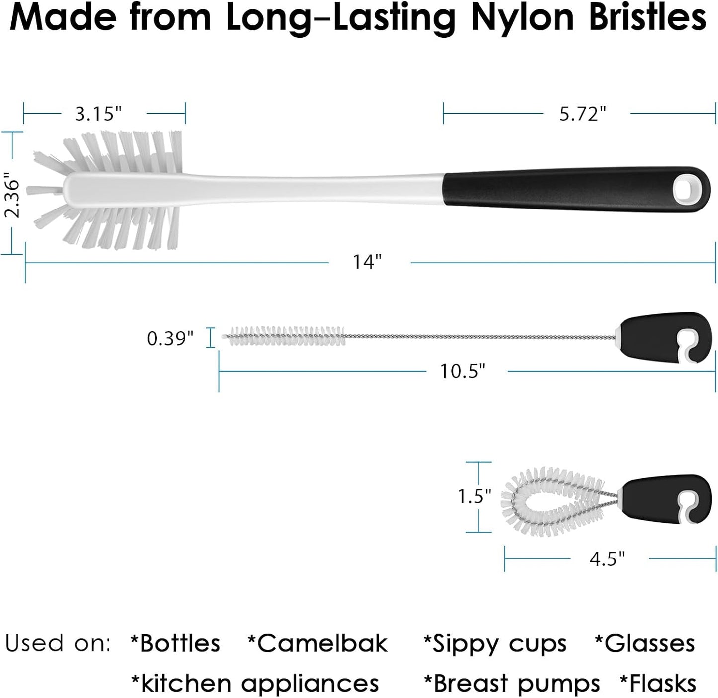 MOSOLAN 3-in-1 Water Bottle Cleaning Brush Set - Long Handle Scrubbing Brush for Tumbler, Straw, Baby Bottles, Drinking Glasses, White
