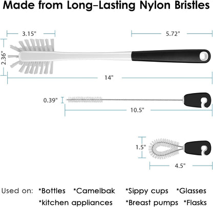 MOSOLAN 3-in-1 Water Bottle Cleaning Brush Set - Long Handle Scrubbing Brush for Tumbler, Straw, Baby Bottles, Drinking Glasses, White
