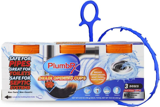 Drain Opener Cups | Hair Clog Remover | Drain Cleaner For Toilets, Sinks, Tubs - Septic Safe | 3 Uses + Hair Snake