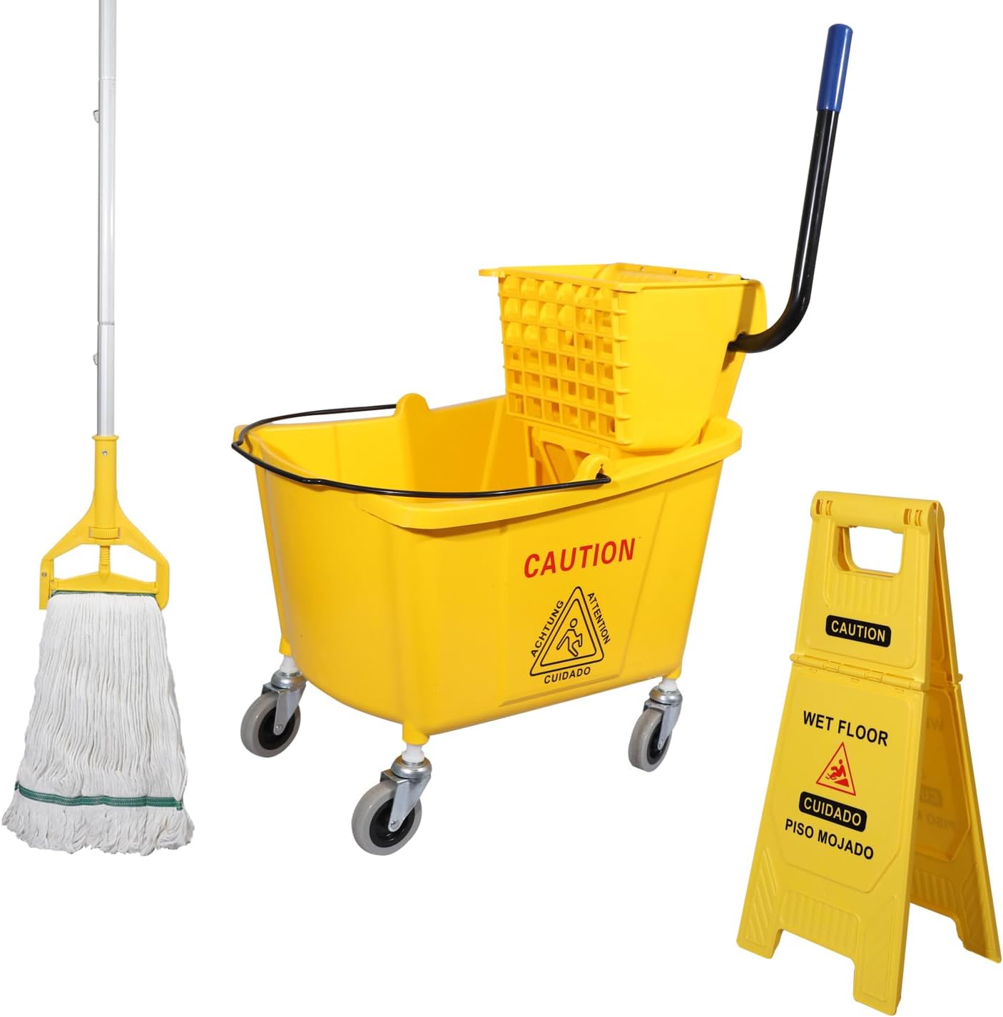 Midoneat Side Press Wringer Combo Commercial Mop Bucket on Wheels, 35 Quart,Yellow, Including Wet Floor Caution Sign（24Inch） and One Industrail Mop