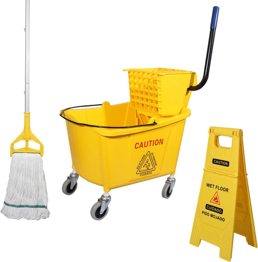 Midoneat Side Press Wringer Combo Commercial Mop Bucket on Wheels, 35 Quart,Yellow, Including Wet Floor Caution Sign（24Inch） and One Industrail Mop