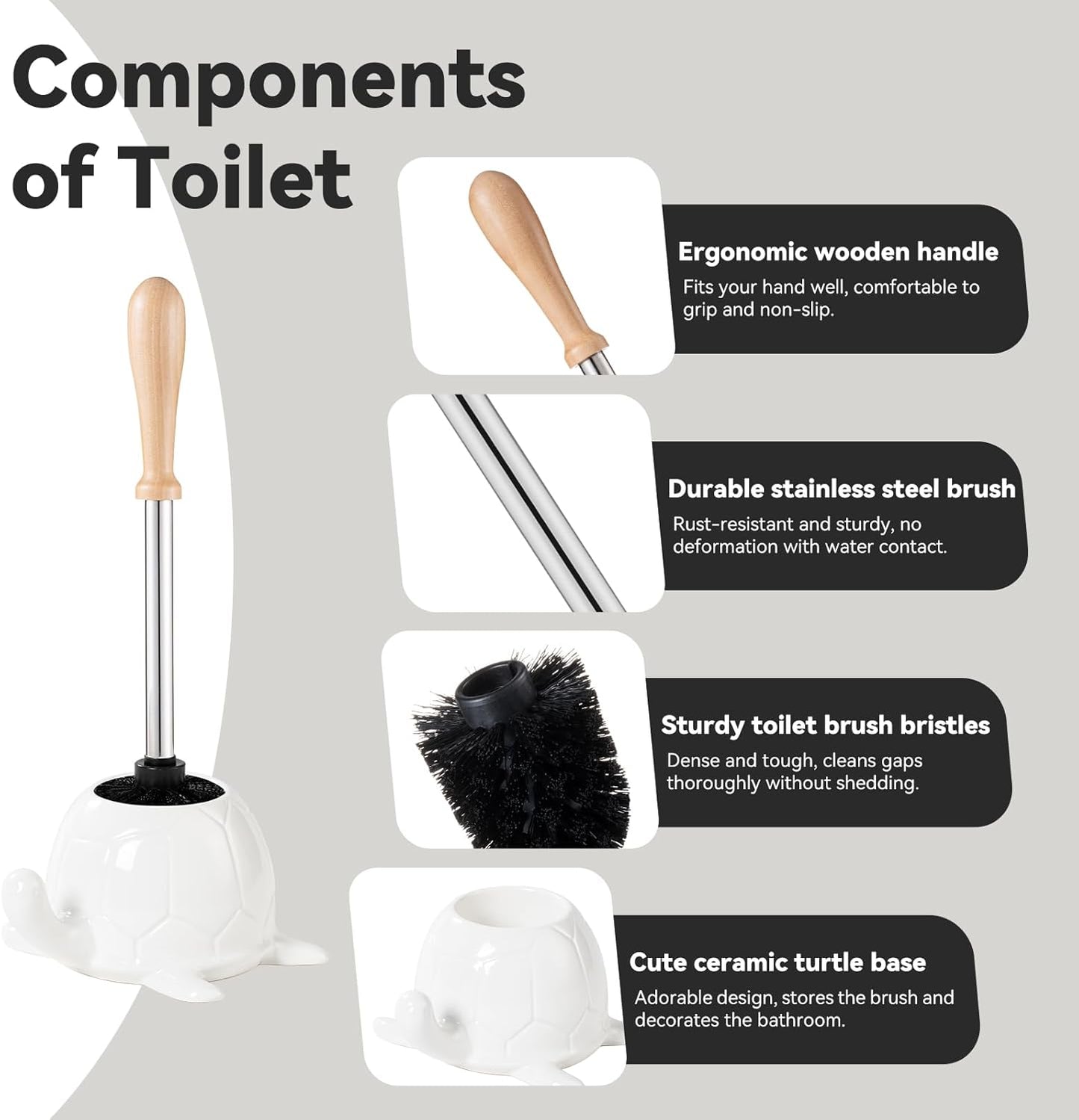 Turtle Base Toilet Brush Set - Gold Ceramic Toilet Scrubber Brush 7.5” Bowl Cleaner with Ergonomic Handle, Mini Cute Bathroom Cleaning Brush - Bathroom Decor