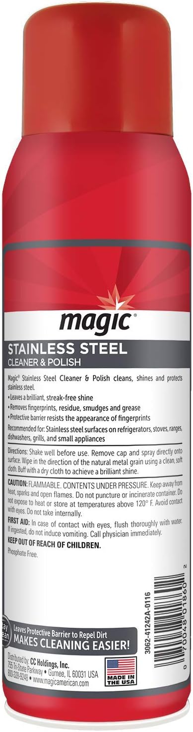 Magic Stainless Steel Cleaner Aerosol - 17 Ounce - Removes Fingerprints Residue Water Marks and Grease From Appliances - Refrigerator Dishwasher Oven Grill etc