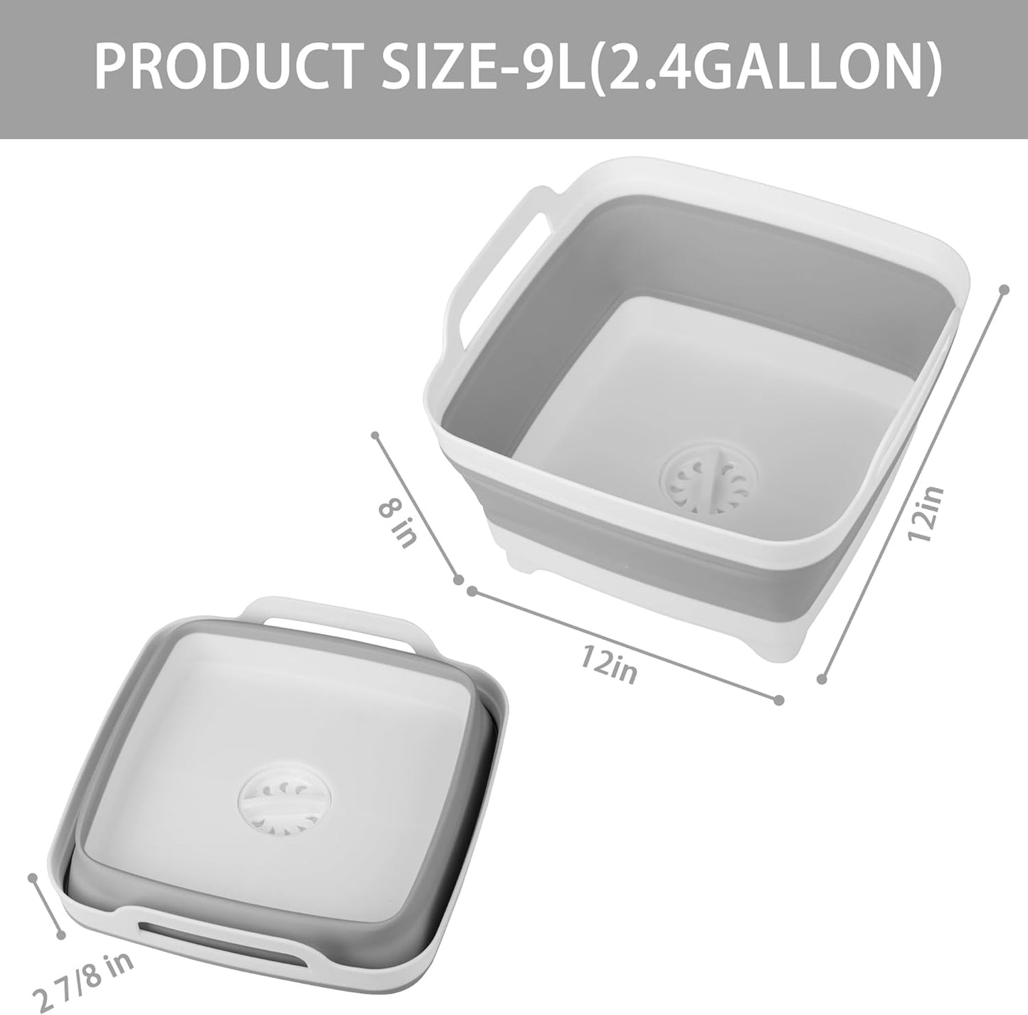 2 Pack Dishpan for Washing Dishes, 2.4Gal/9L Wash Basin with Draining Plug Carry Handles, Collapsible Bucket for Cleaning, Portable Sink, Foldable Plastic Tub
