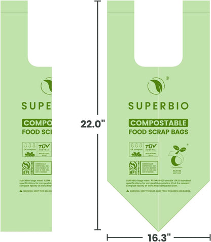SUPERBIO 1.6 Gallon Handle Tie Compostable Food Scrap Bags For Counter Top Compost Bin, Small Compost Bags, 50 Count, 6 Liter, BPI & OK compost INDUSTRIAL Certified