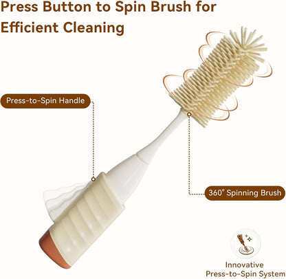 Baby Bottle Brush Set, Innovative Efficient Press-to-Spin Brush Cleaner - Includes Silicone Bottle Brush, Nipple Brush, Straw Cleaner - Spinning Generates Rich Foam for Deep Cleaning, Blue