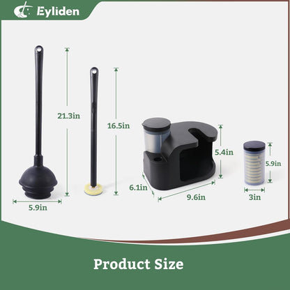 Eyliden Toilet Brush and Plunger Combo Set | 2-in-1 Disposable Toilet Bowl Wand Kit with 10 Refill Heads, Toilet Plunger, Compact Storage Holder | Bathroom Cleaning System for Home, White