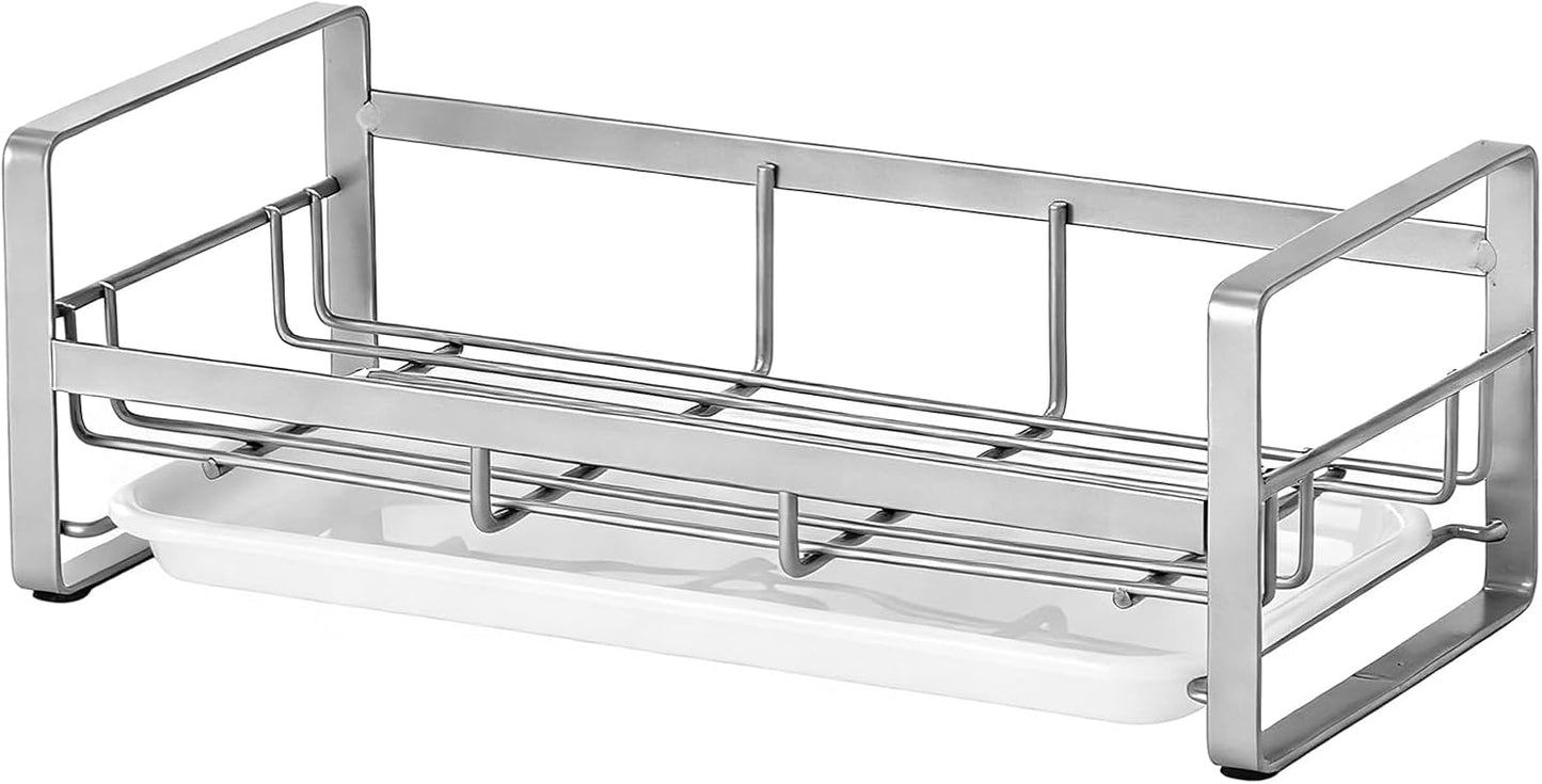 HULISEN Large Sponge Holder, 304 Stainless Steel Kitchen Soap Dispenser Caddy Organizer, Countertop Soap Dish Rack Drainer with Removable Drain Tray, not Including Dispenser and Brush, Silver