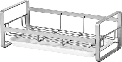 HULISEN Large Sponge Holder, 304 Stainless Steel Kitchen Soap Dispenser Caddy Organizer, Countertop Soap Dish Rack Drainer with Removable Drain Tray, not Including Dispenser and Brush, Silver