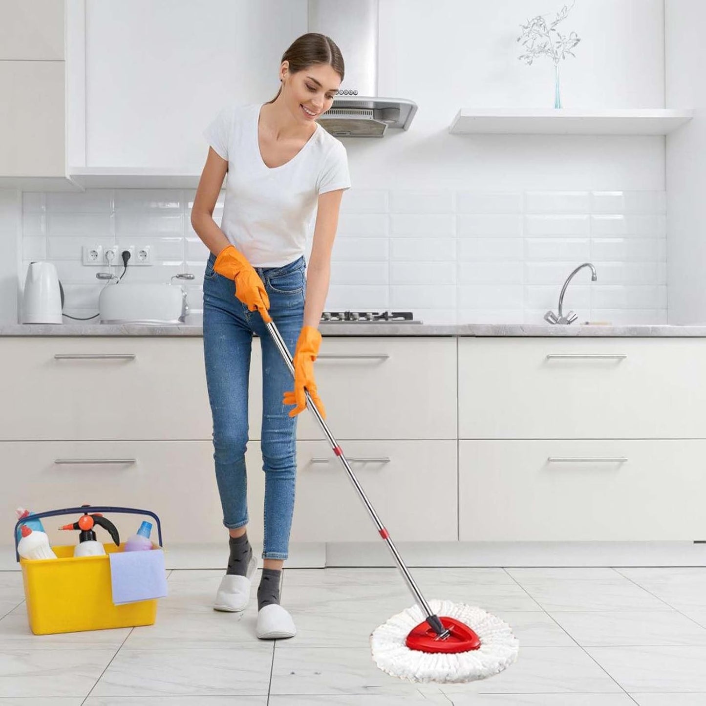 Spin Mop Replacement Head Mop Replace Head Compatible with O Cedar EasyWring Spin Mop - 4 O-Ceda Mop Refills、30-58in Mop Handle and 1 Mop Base and 1 Mop Base Scrub Brush Combo Set