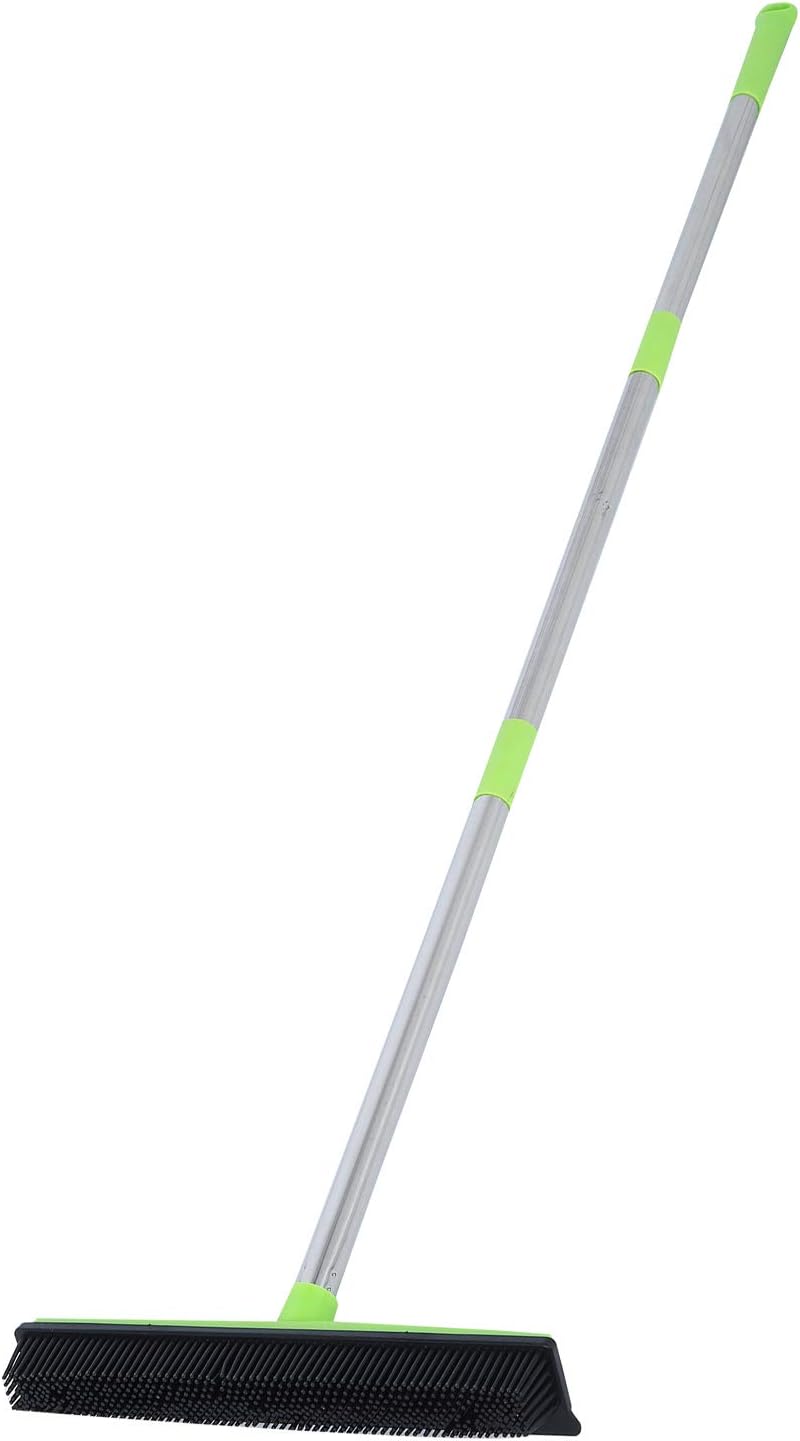Telescopic Rubber Broom with Squeegee, Multifunction Adjustable Pet Hair Removal Carpet Rake for Fluff Rug Hardwood Floor (Black)