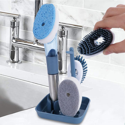 Soap Dispensing Dish Brush Set with Holder - 3 Replaceable Heads (Sponge, Scrubber, Brush) - Long Handle Kitchen Cleaning Brush for Pots, Pans, Sink & Dishes - Non-Slip Grip (Blue)