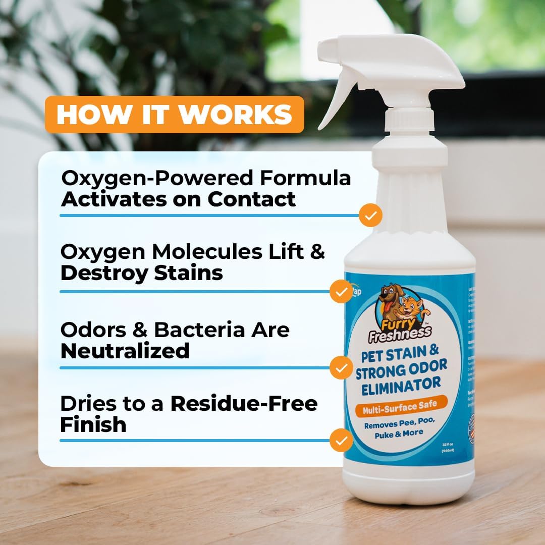 FurryFreshness Extra Strength Cat or Dog Pee Stain & Permanent Odor Remover + Smell Eliminator -Removes Stains From Pets & Kids Including Urine or Blood- Lifts Old Carpet Stains- (2 Pack)