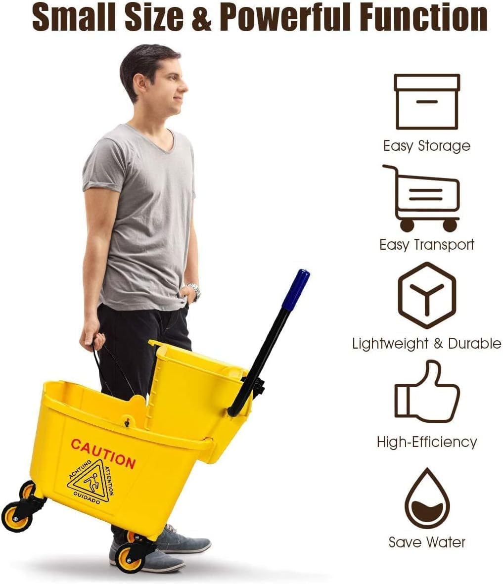 Mop Bucket, Commercial Bucket for Mopping on Wheels with Potable Handle, Mop Bucket with Wringer for Home, Household, Office, Bathroom, Yellow (25 Quarts)