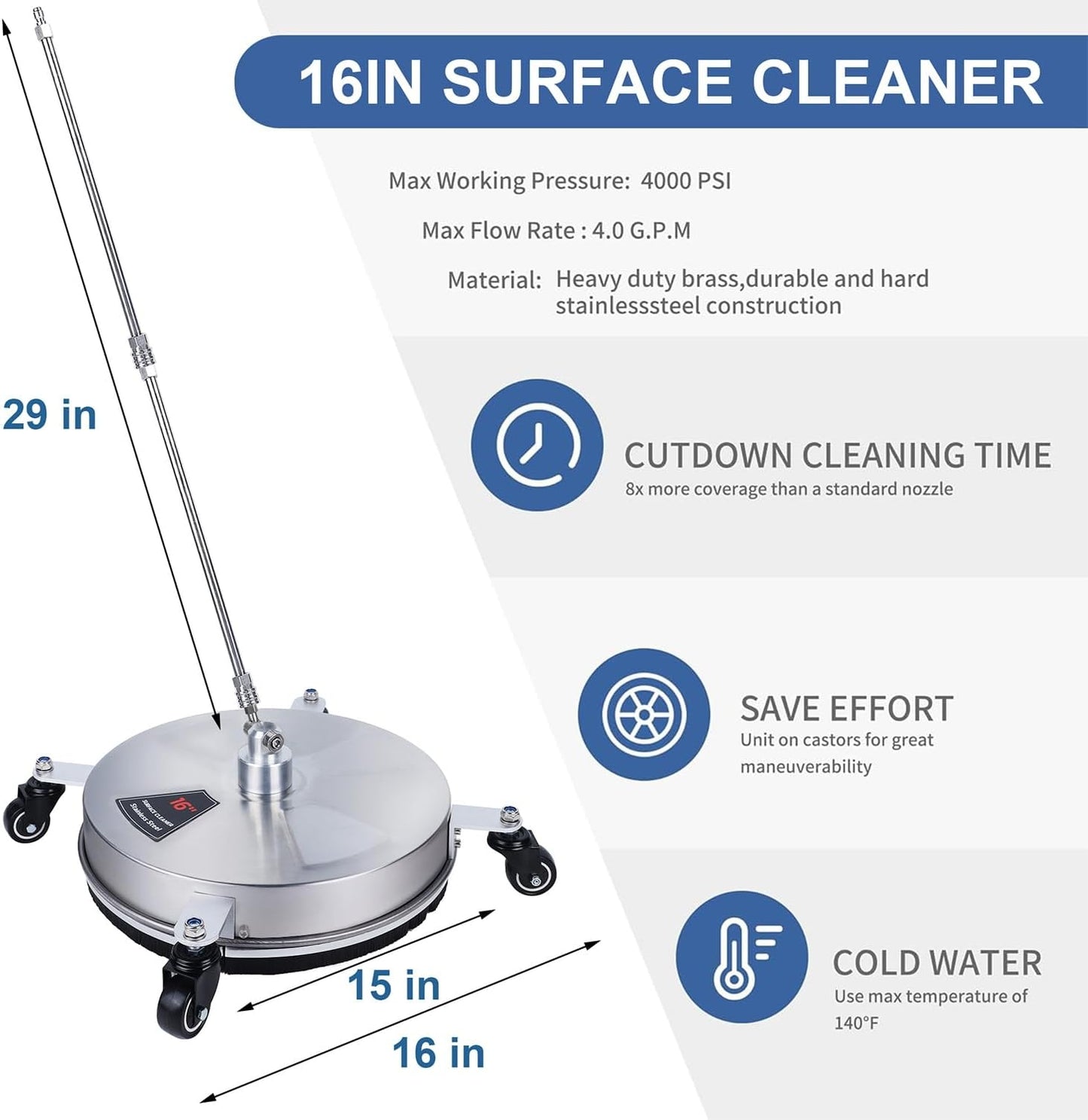 Biswing 14" Pressure Washer Surface Cleaner with 4 Wheels, Stainless Steel Power Washer Accessory for Driveways Sidewalks Patios Cleaning, 1/4" Quick Connector, 2 Extension Wand Attachments, 4000 PSI