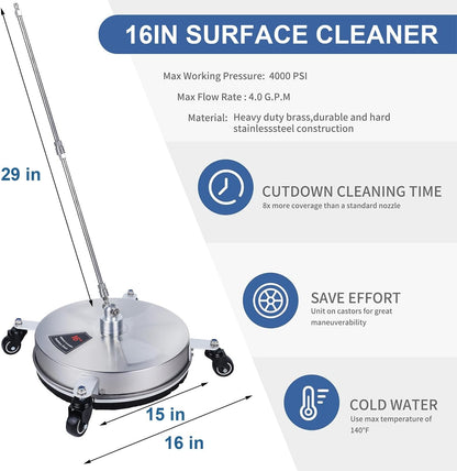 Biswing 14" Pressure Washer Surface Cleaner with 4 Wheels, Stainless Steel Power Washer Accessory for Driveways Sidewalks Patios Cleaning, 1/4" Quick Connector, 2 Extension Wand Attachments, 4000 PSI