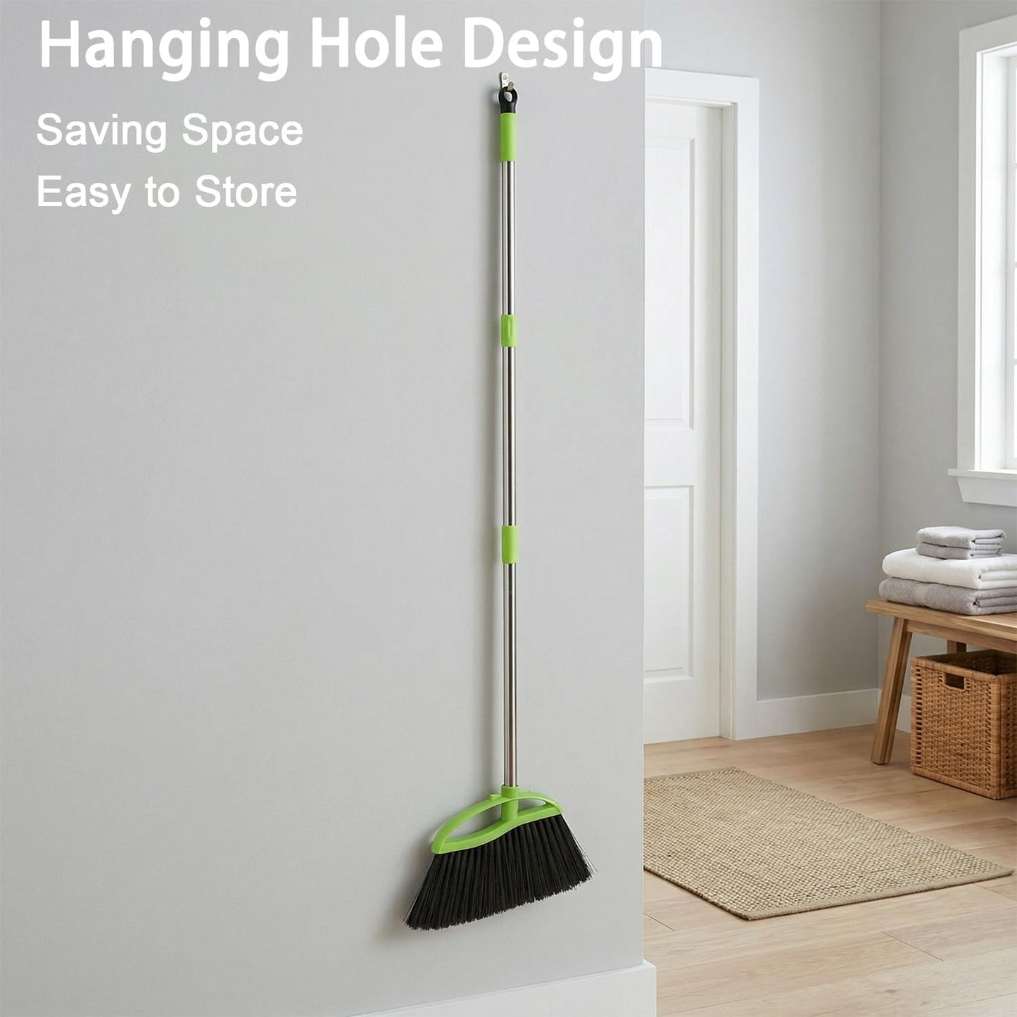 Soft Bristles Green Angle Broom and Dustpan Set, Long Handle Household Indoor Broom with Dustpan Combo Set for Room Kitchen Lobby Office Hardwood Floor Sweeping Floor Cleaning