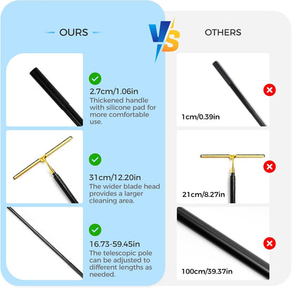 16.7“- 59.5" Long Handle Window Squeegee with Extension Pole, 12.4" Wide Metal Shower Squeegee for Glass Doors, 2-in-1 Squeegee for Home Window Cleaning, Tile Wall, Car (Silver)