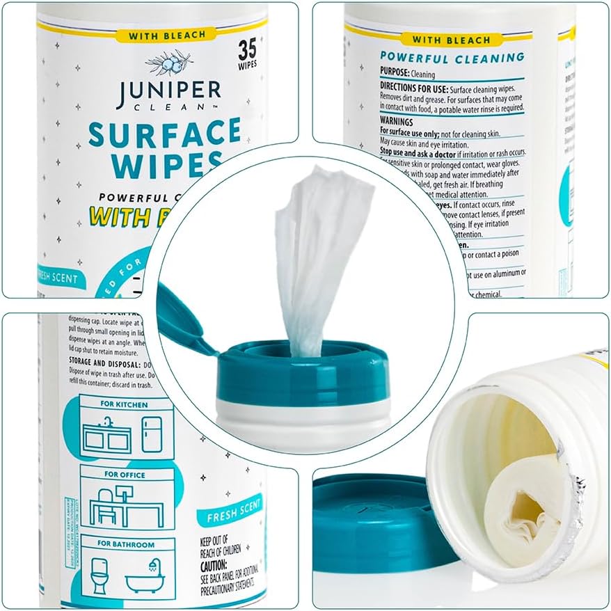 Juniper CLEAN 3 Pack Surface Cleaning Wipes with Bleach, All-Purpose Cleaner for Bathroom, Kitchen, Office, 216 Count Soft Flow, Fresh Scent, Lint Free & Durable