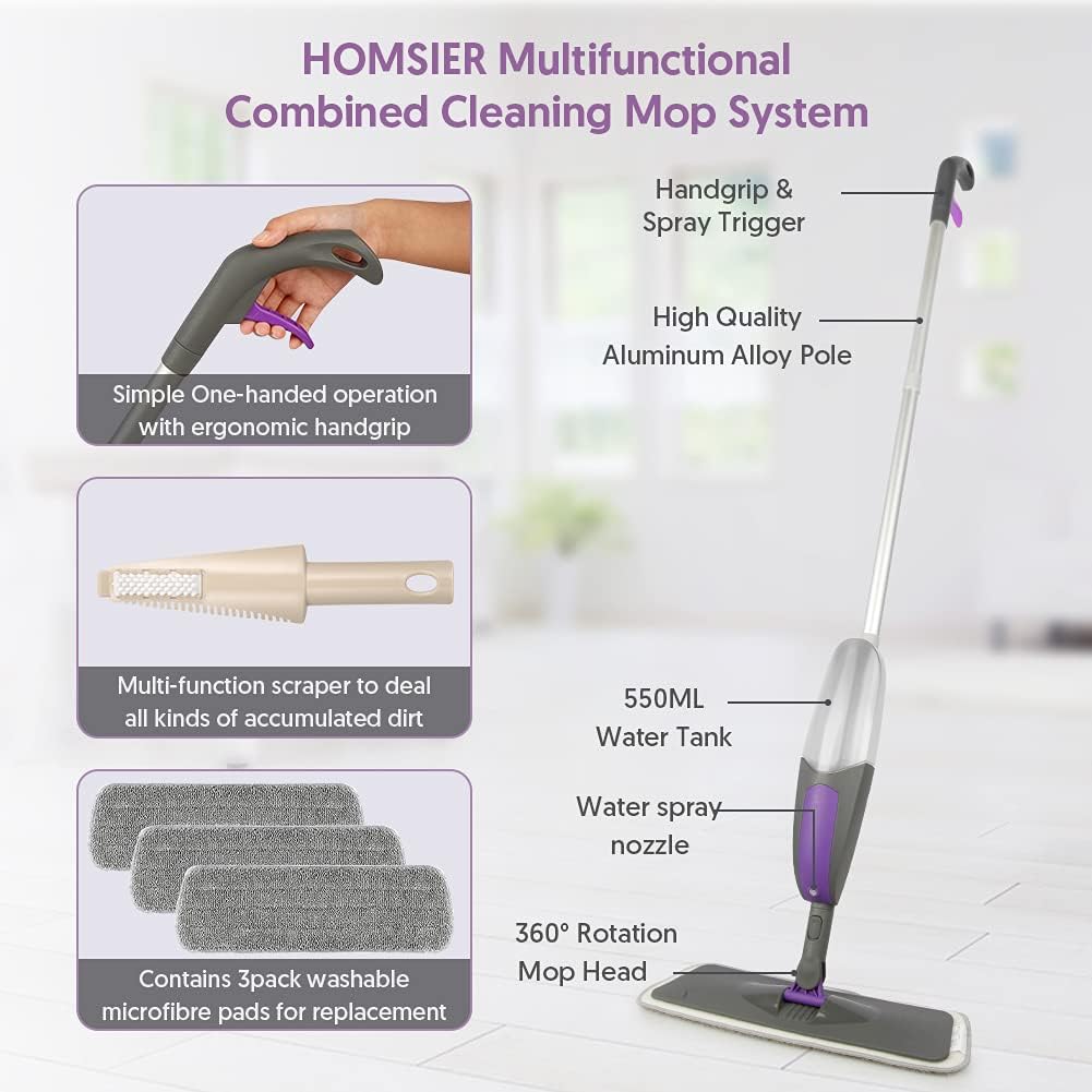 Spray Mops for Floor Cleaning - HOMSIER Microfiber Mop Wet Dry with 3 Washable Pads 550ML Refillable Bottle for Hardwood Wood Laminate Tile Marble Kitchen Home Hard Floors