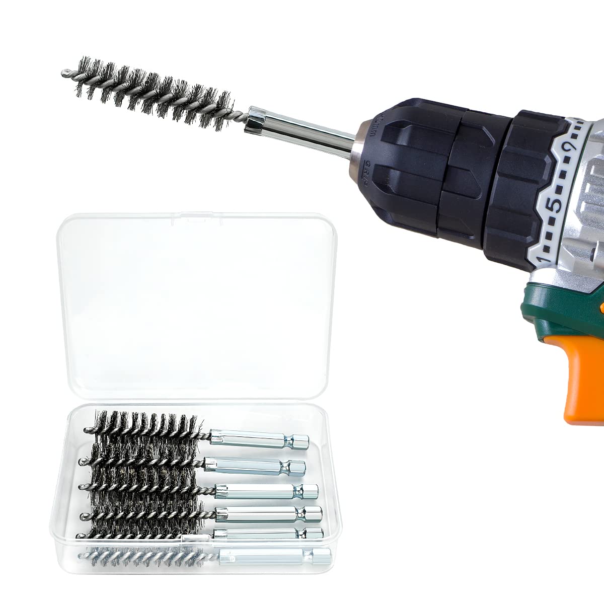 6 Pcs Stainless Steel Bore Brush Set with 1/4" Hex Shank Twisted Wire Bristles, Different Sizes (8, 10, 12, 15, 17, 19mm) for Rust and Tube Cleaning