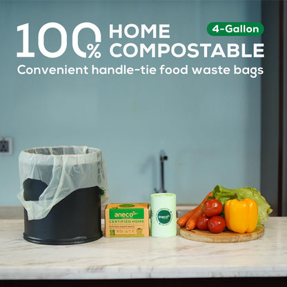 (Include 10 Bonus Bags) ANECO 100% Compostable Waste Bags 2.6 Gallon, Extra Thick Kitchen Small Compost Bags for Countertop Bin, 110 Count (100 + 10 Extra)
