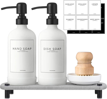 Kitchen Soap Dispenser Set with Instant Dry Tray,16 Oz Hand and Dish Soap Black Glass Dispenser Set,Stainless Steel Pump,Waterproof Labels&Dish Brush,Luxury Soap Bottle for Kitchen,Bathroom