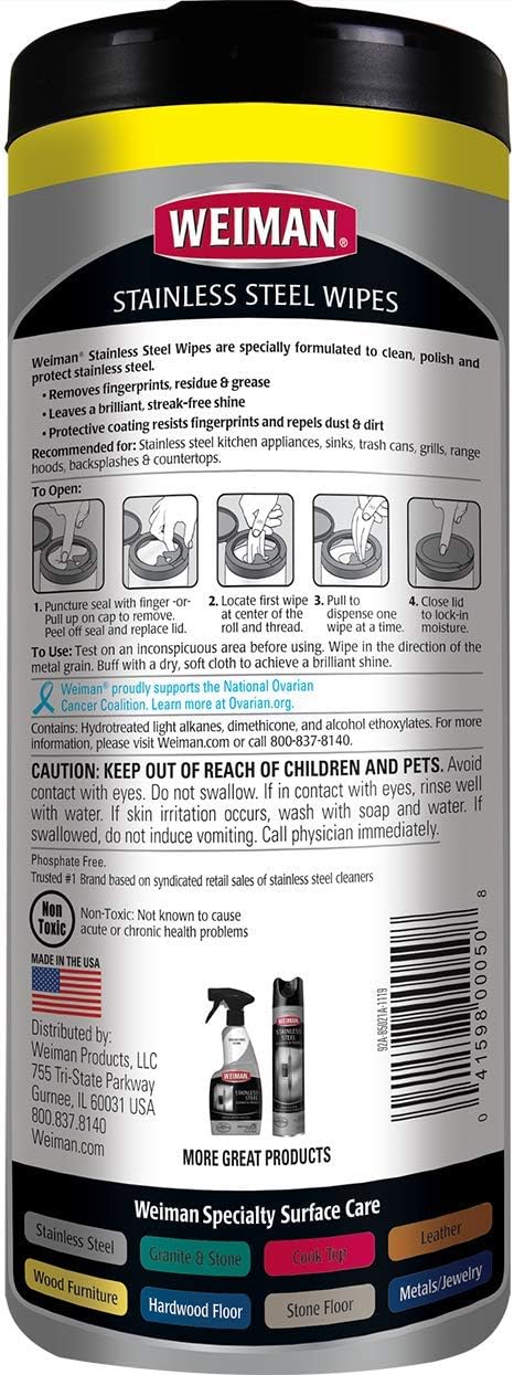 Weiman Stainless Steel Wipes - Removes Fingerprints, Residue, Water Marks and Grease From Appliances - Works Great on Refrigerators, Dishwashers, Ovens, Grills - 28 Count - Packaging May Vary