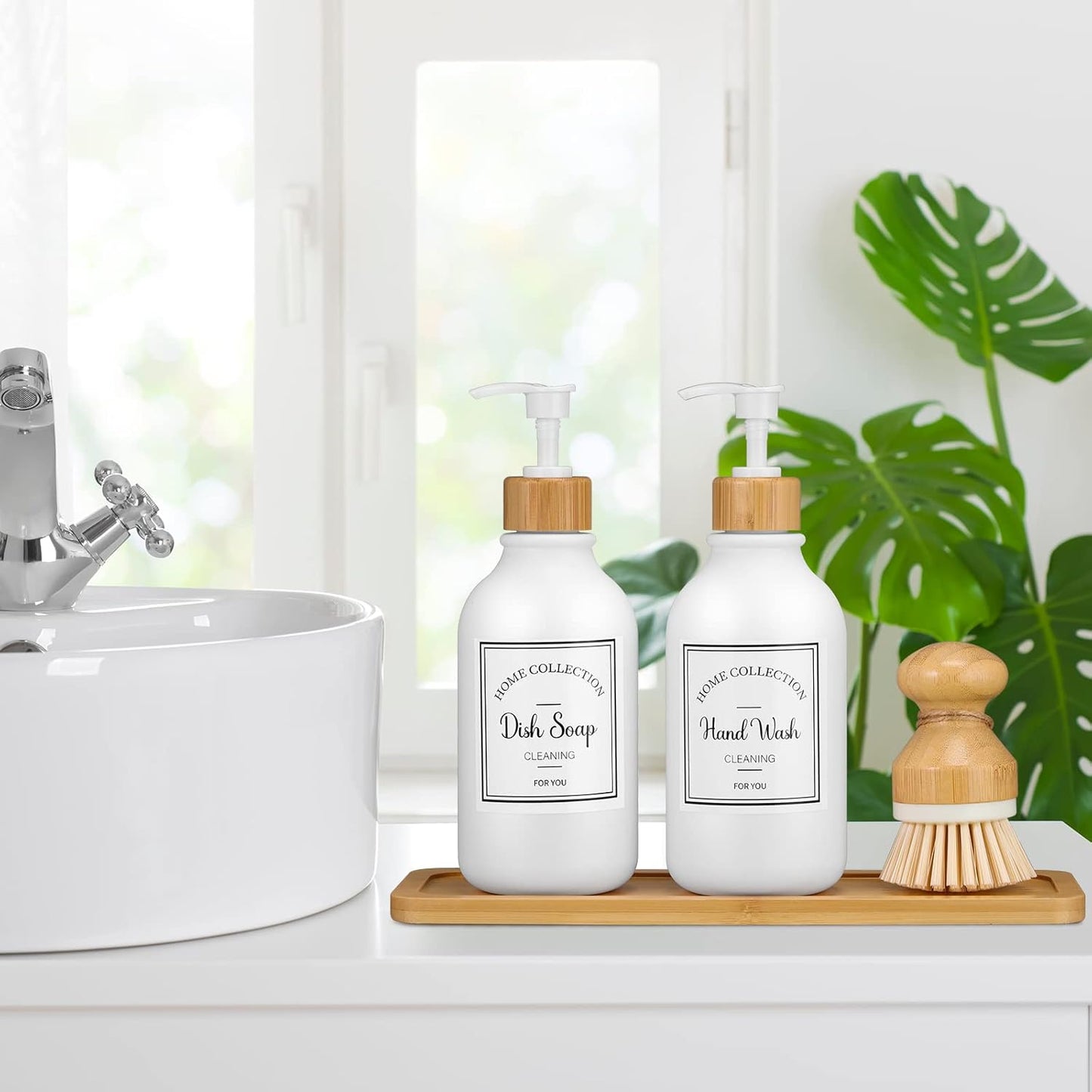 Zopeal 4 Pcs 16 oz Kitchen Soap Dispenser Set with Bamboo Tray and Dish Brush Plastic Soap Dispenser Set with Waterproof Labels for Hand Dish Lotion(Frosted Black)